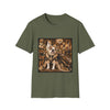 An olive green short-sleeve crewneck t-shirt featuring a square graphic print of an English Bulldog dressed in an ornate, luxurious gold and brown robe within a grand chandelier-filled room.