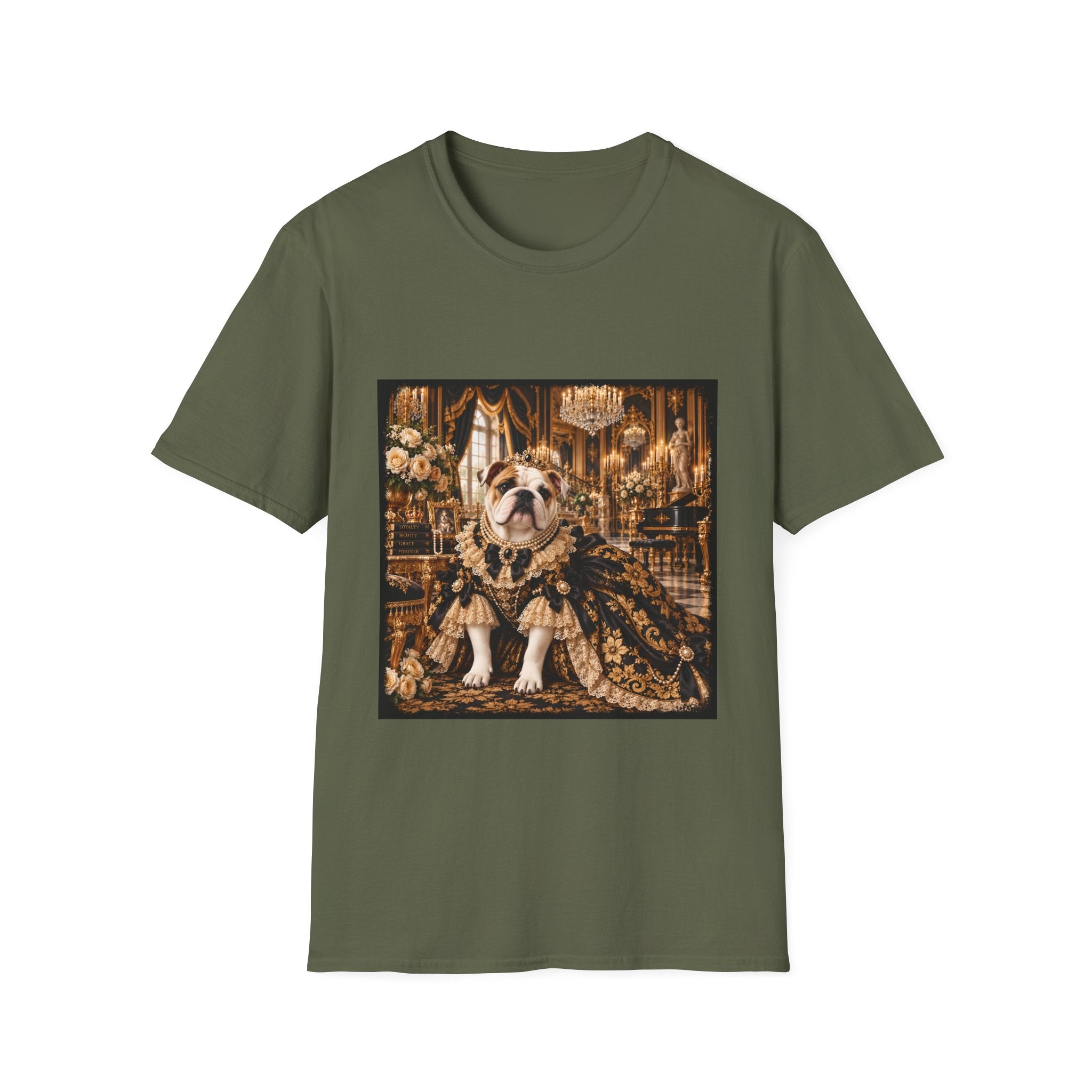 An olive green short-sleeve crewneck t-shirt featuring a square graphic print of an English Bulldog dressed in an ornate, luxurious gold and brown robe within a grand chandelier-filled room.