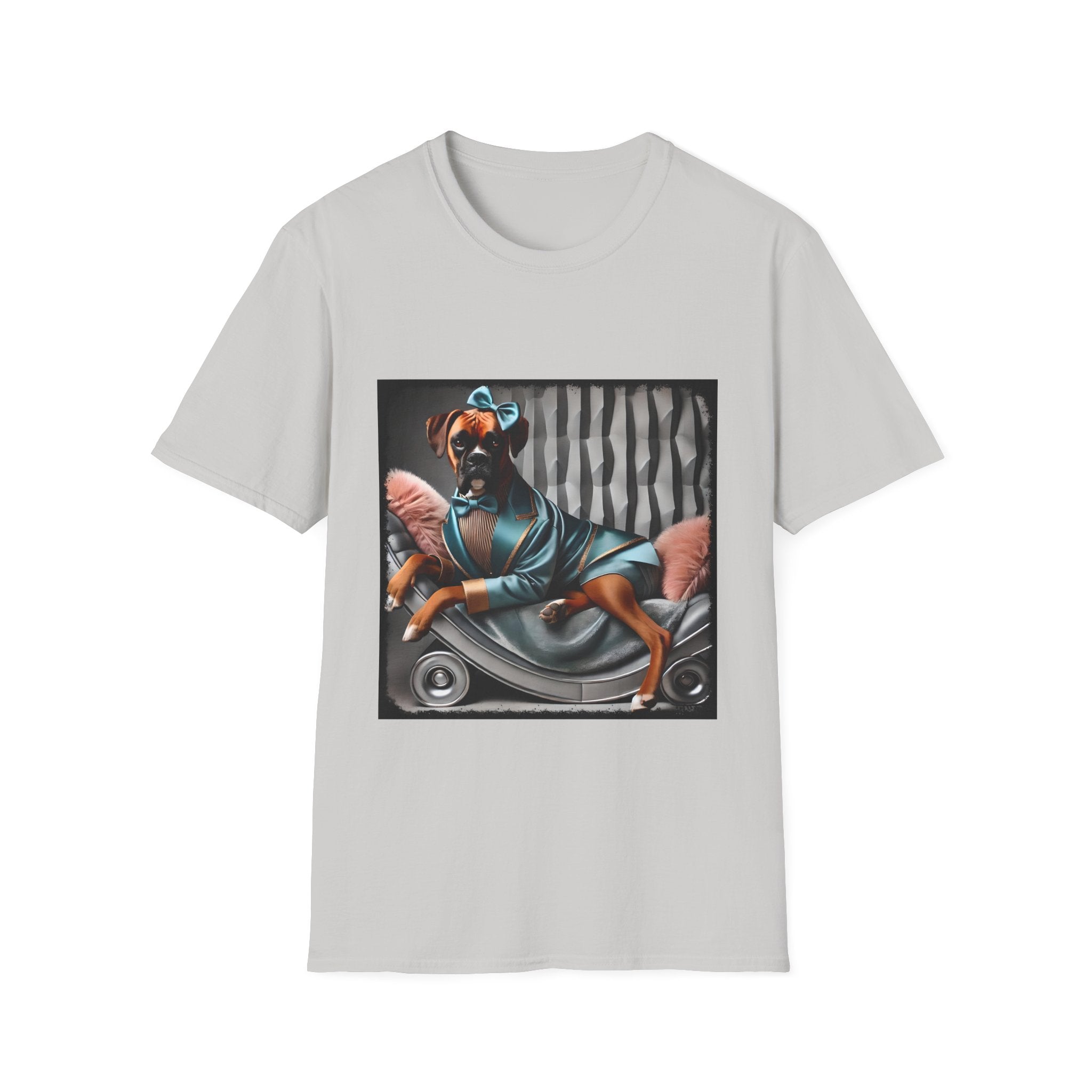 Ice Gray dog t-shirt with a boxer in teal dress and bow on modern chair with striped wall and pink pillows.