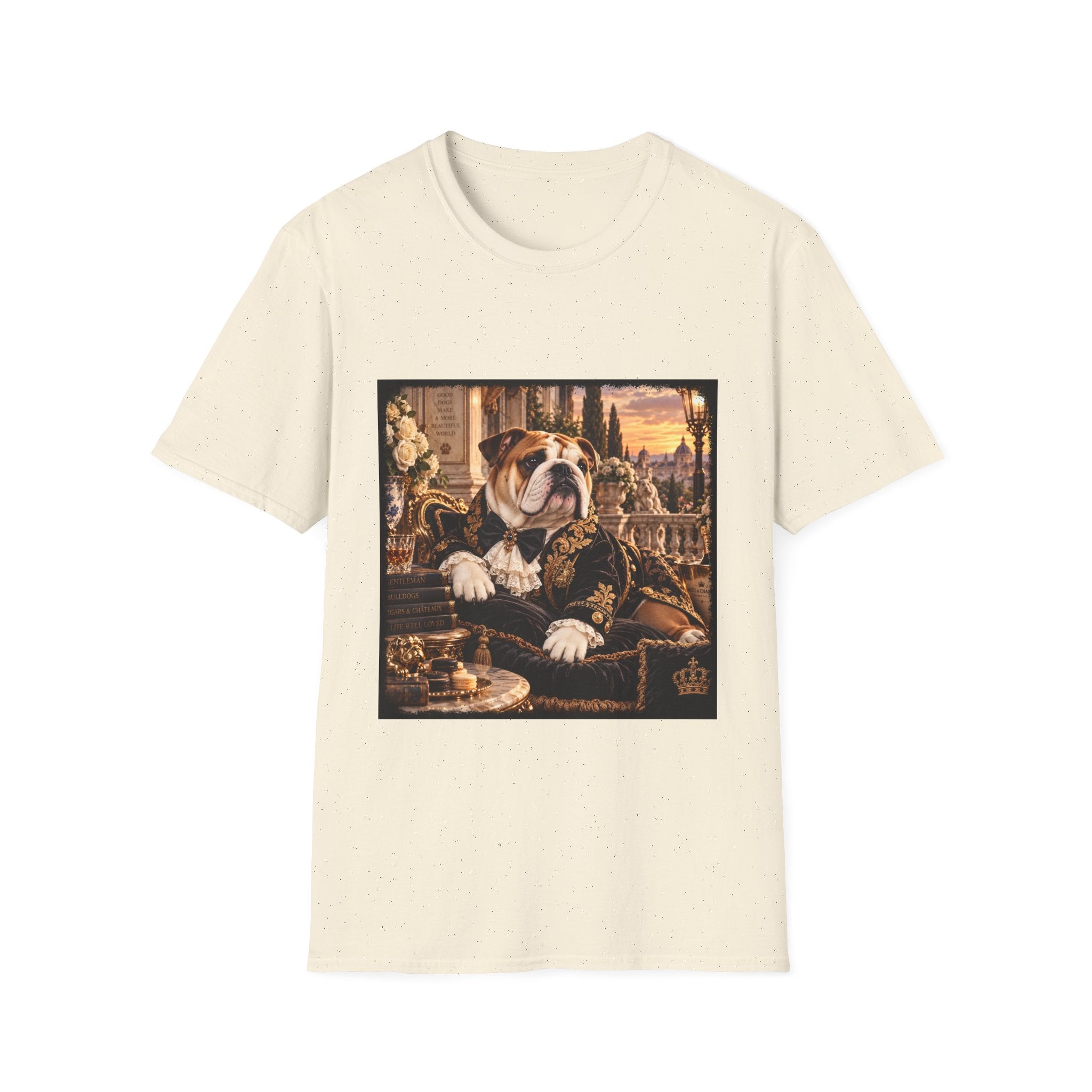 An off-white short-sleeve crewneck t-shirt featuring a square graphic print of an English Bulldog dressed in an ornate, dark baroque-style suit, seated on a throne with a city skyline and sunset in the background.