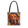 A tote bag with black handles featuring a colorful, stylized painting of a red fox Labrador Retriever face surrounded by swirling abstract patterns in blue, orange, yellow, and red.