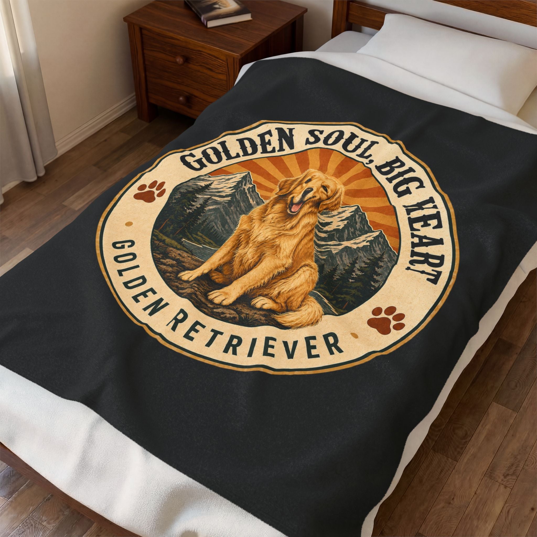 A dark charcoal gray blanket with a large circular graphic of a golden retriever dog sitting in front of mountains, surrounded by the text 'GOLDEN SOUL BIG HEART GOLDEN RETRIEVER' and paw prints, shown on a bed in a bedroom setting.