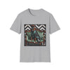 Sport gray dog t-shirt featuring a brindle boxer in leather jacket on green settee with chevron wall backdrop.