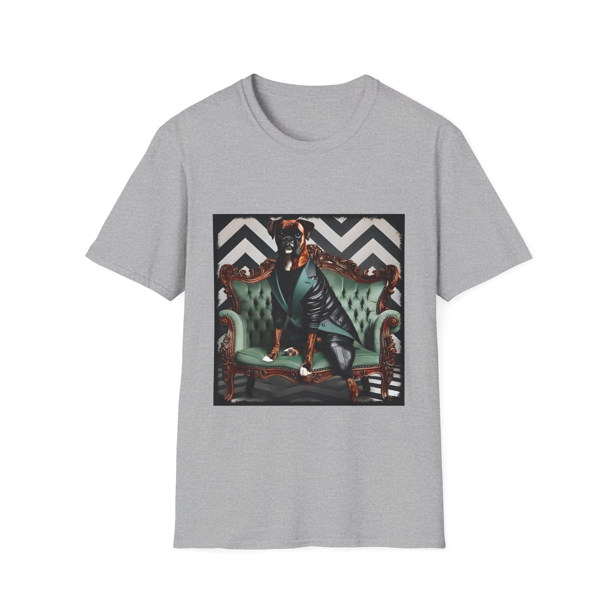 Sport gray dog t-shirt featuring a brindle boxer in leather jacket on green settee with chevron wall backdrop.