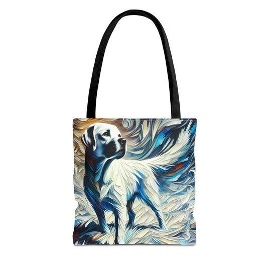 A tote bag with black shoulder straps, featuring a printed artistic illustration of a white Labrador retriever surrounded by swirling blue, white, and beige brushstroke patterns on a plain white background.