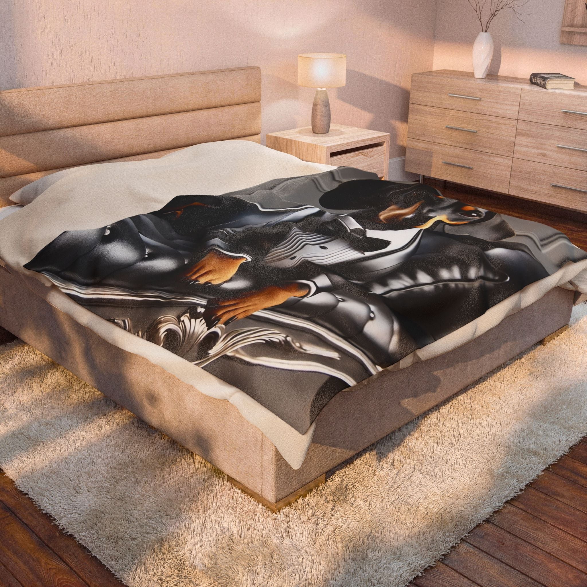 A bed in a modern bedroom setting featuring a printed duvet cover with a stylized black and gray portrait of a dachshund wearing a suit, with cream-colored borders.
