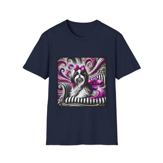 Shih Tzu B&W Pink Bow design dog lover unisex t-shirt in navy