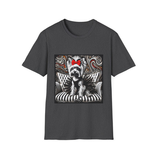 Yorkshire Terrier B&W Red Bow Bold design dog lover unisex t-shirt in dark heather
