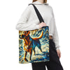 A person carries a canvas tote bag with a black shoulder strap. The bag features a colorful abstract painting of a yellow Labrador retriever in blue, orange, yellow, and white.
