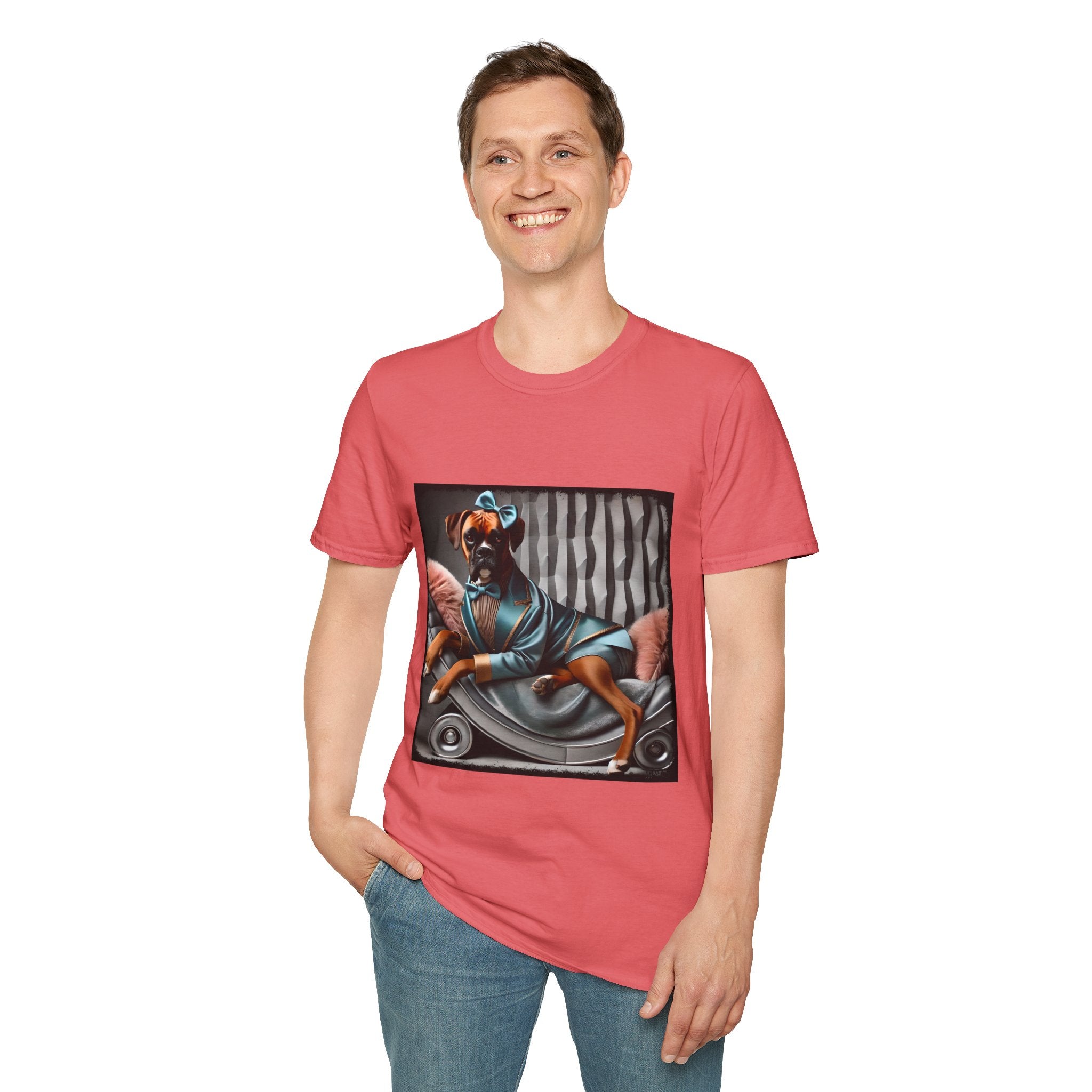 Male model in coral silk dog t-shirt with a boxer in teal dress and bow on modern chair with striped wall and pink pillows.