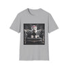 Sport gray dog t-shirt featuring Westie in black outfit with pink bow seated on ornate gothic black couch.