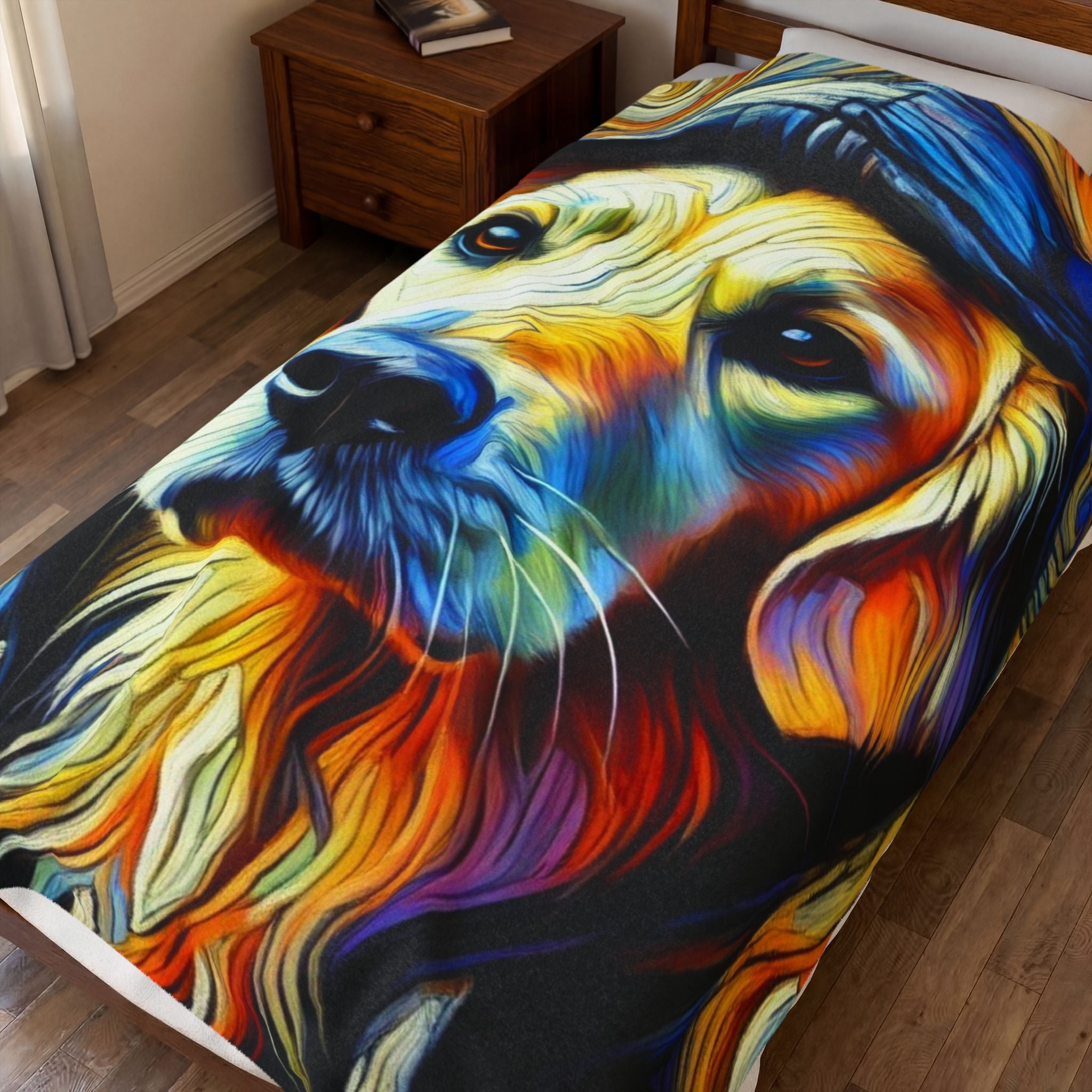 Large Blanket featuring a Golden Retriever velveteen plush blanket featuring the "Relaxed Swirl" design with flowing artistic swirl-inspired artwork for Golden Retriever lovers.
