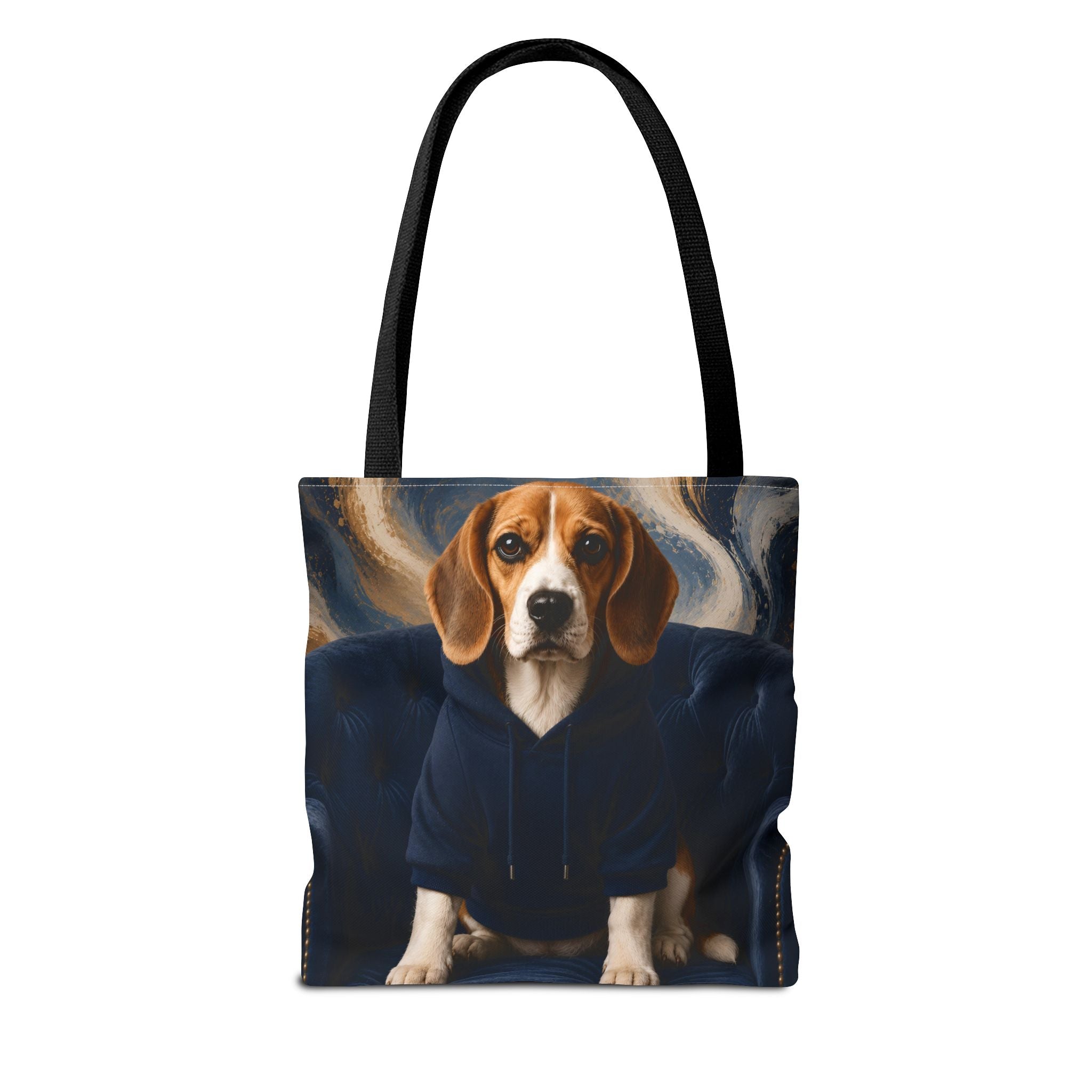 A tote bag with black shoulder straps, featuring a printed graphic of a beagle wearing a navy blue hoodie against a swirling dark and light background.