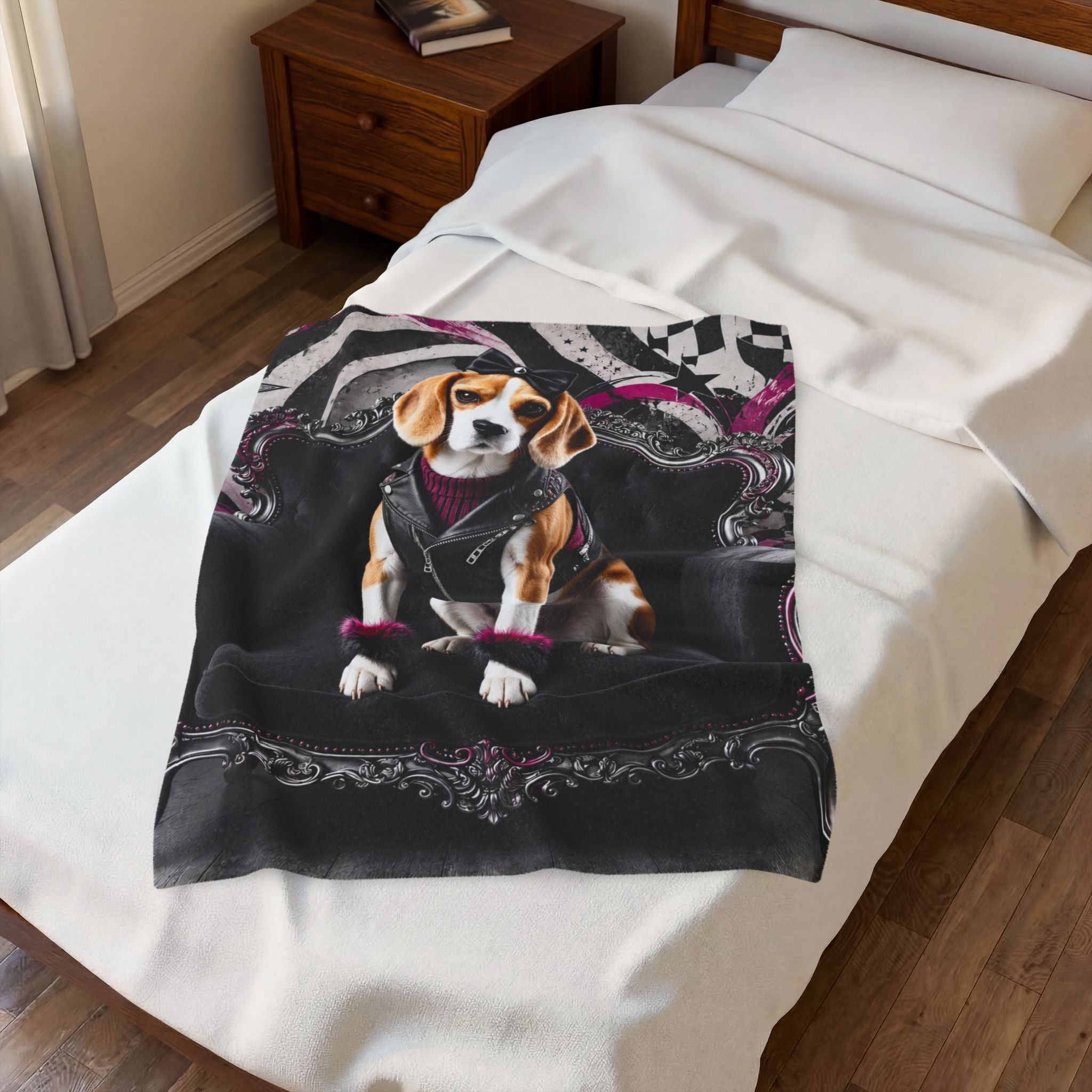 A printed throw blanket featuring a beagle dressed in a black leather jacket and purple sweater, draped over a bed with white bedding in a bedroom setting.