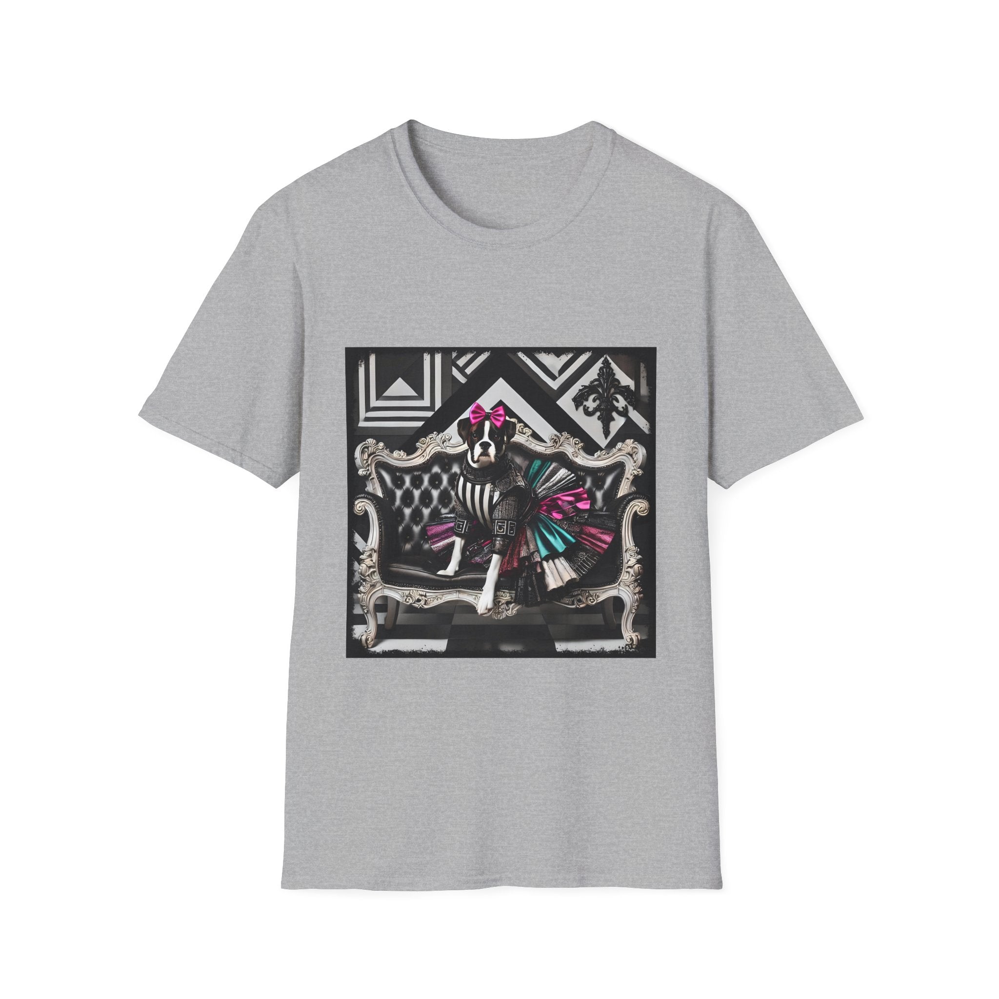 Sport gray dog t-shirt with black and white boxer in pink bow and varsity dress in pleated skirt, bold geometric black backdrop.