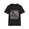 Black dog t-shirt with a boxer in teal dress and bow on modern chair with striped wall and pink pillows.