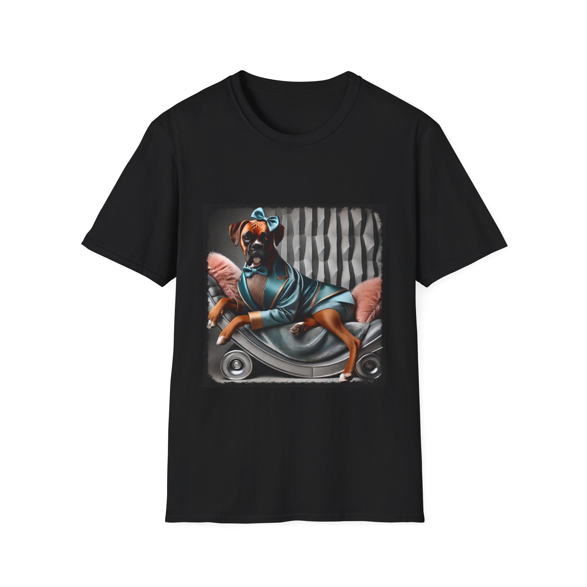 Black dog t-shirt with a boxer in teal dress and bow on modern chair with striped wall and pink pillows.