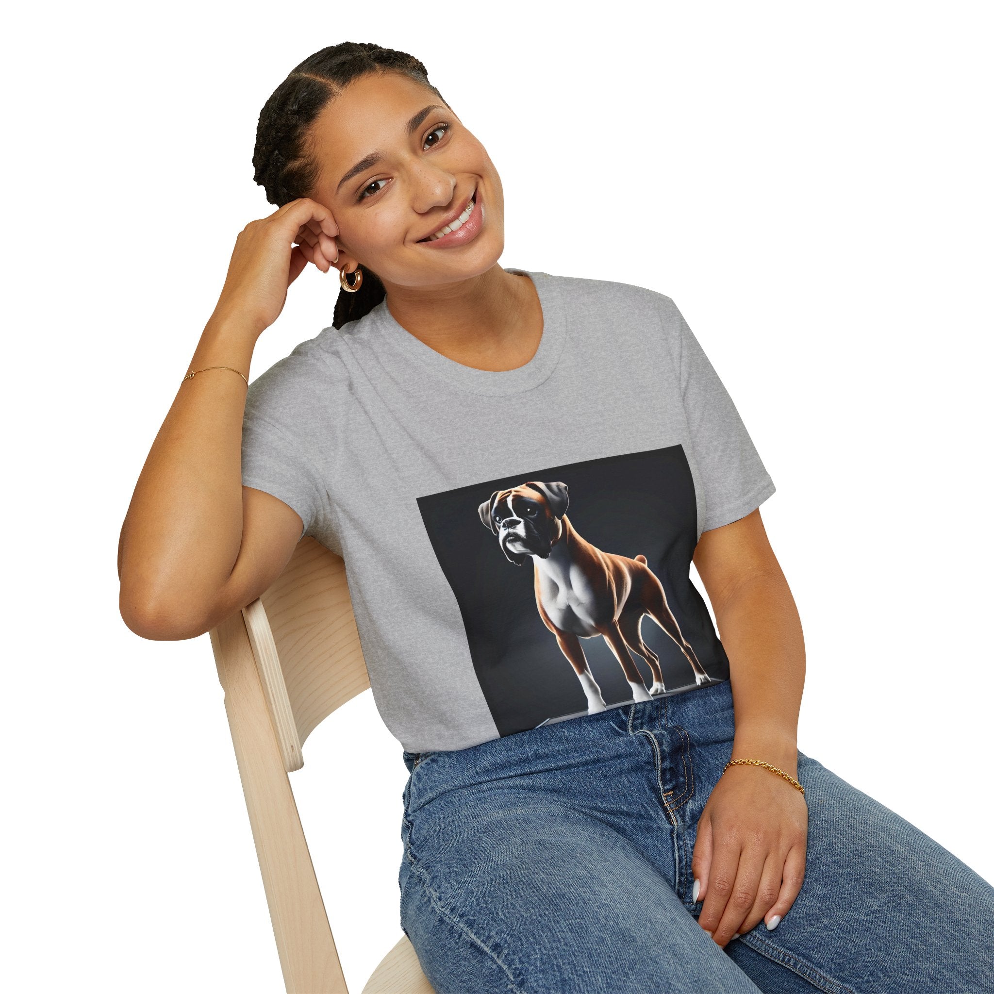 Female model in sport gray dog t-shirt featuring standing boxer on platform with black background and dramatic lighting.