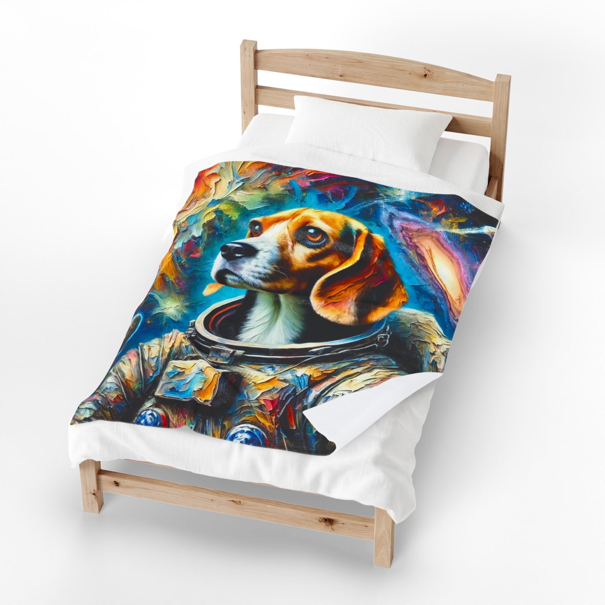 A single bed with a colorful printed duvet cover featuring a beagle dog in an astronaut suit against a cosmic background, shown on a light wood bed frame against a white studio background.