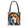 A tote bag with black shoulder straps featuring a vibrant, colorful graphic print of a beagle dog's face surrounded by swirling multicolored patterns, shown against a plain white background.