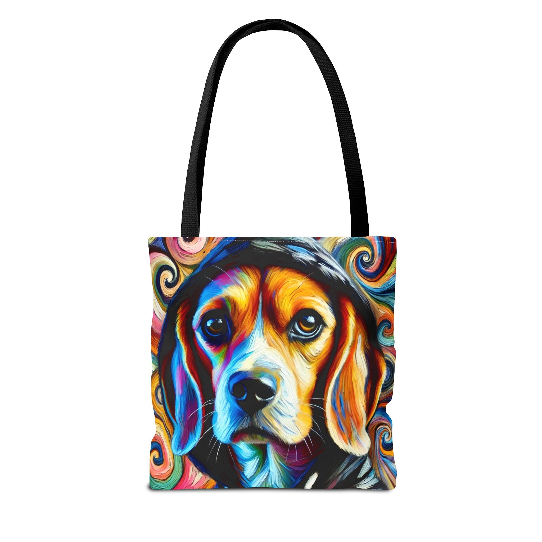 A tote bag with black shoulder straps featuring a vibrant, colorful graphic print of a beagle dog's face surrounded by swirling multicolored patterns, shown against a plain white background.