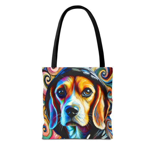 A tote bag with black shoulder straps featuring a vibrant, colorful graphic print of a beagle dog's face surrounded by swirling multicolored patterns, shown against a plain white background.