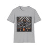 Sport gray dog t-shirt featuring coonhound in edgy black bomber jacket with fur cuffs, seated on a tufted leather settee.