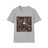 Sport gray dog t-shirt featuring boxer in brown period suit with cravat seated in ornate blue armchair.