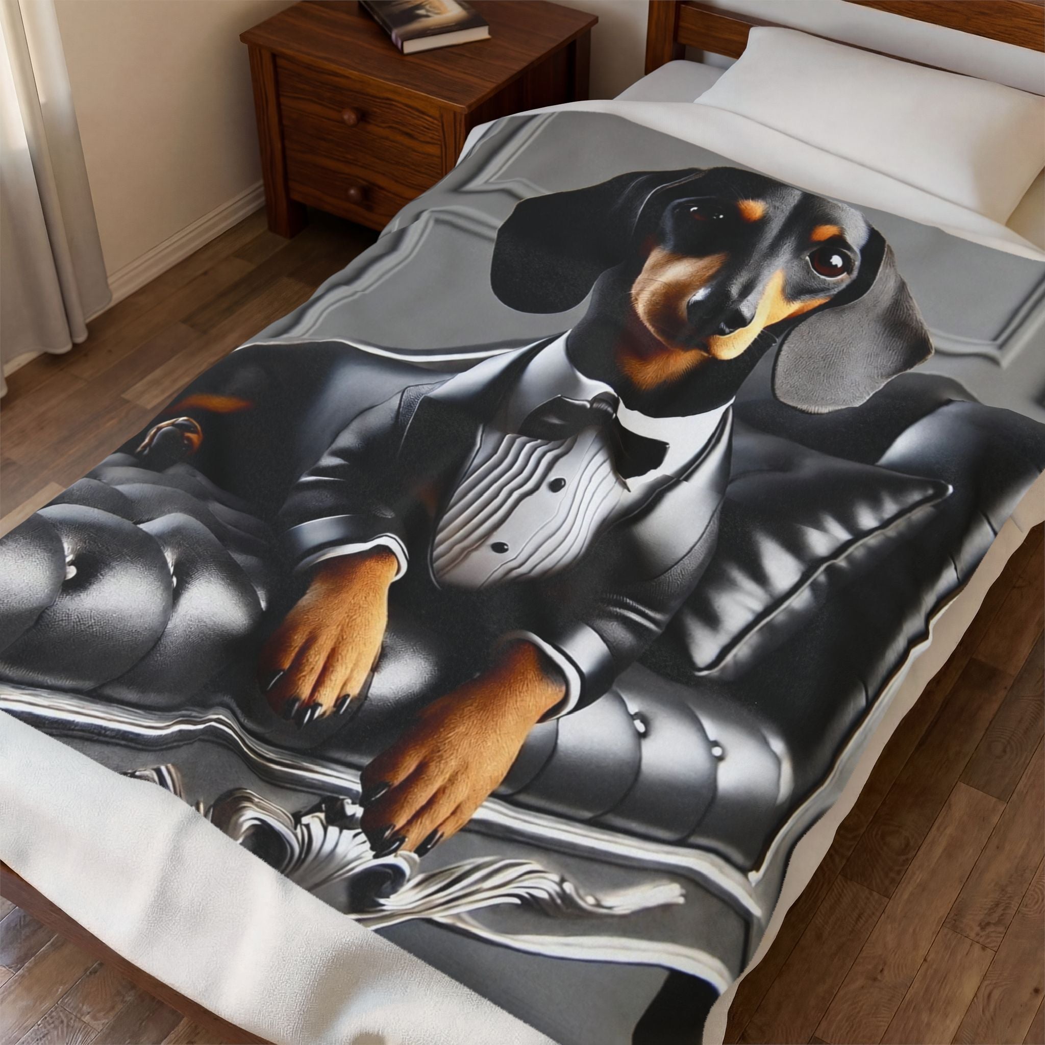 A custom pet portrait printed on a bedding set, featuring a dachshund dressed in a black tuxedo and bow tie, lounging on a black leather sofa. The bedding is displayed on a bed in a bedroom setting with a wooden floor and bedside table.