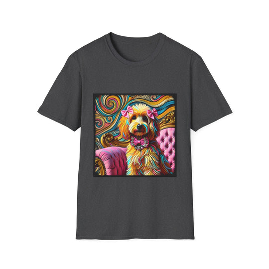 Goldendoodle Pink Diamond Bow Swirl design dog lover unisex t-shirt in dark heather