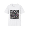 White dog t-shirt with black and white boxer in pink bow and varsity dress in pleated skirt, bold geometric black backdrop.