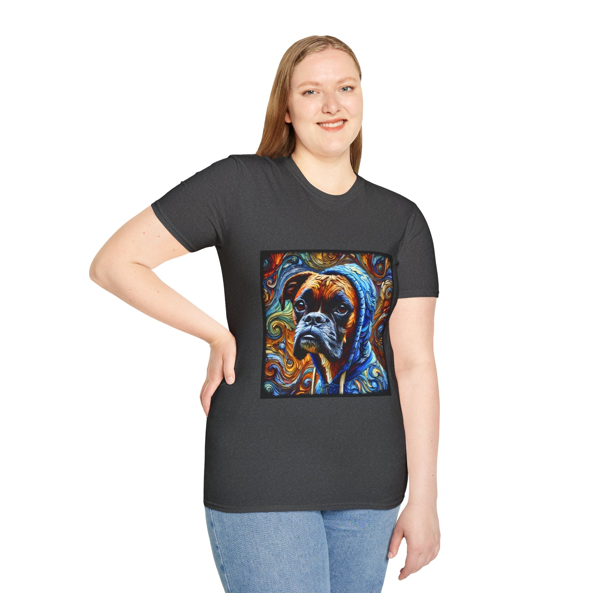 Female model in dark heather dog t-shirt featuring a boxer in a blue hoodie with swirled orange, gold, and teal background design.