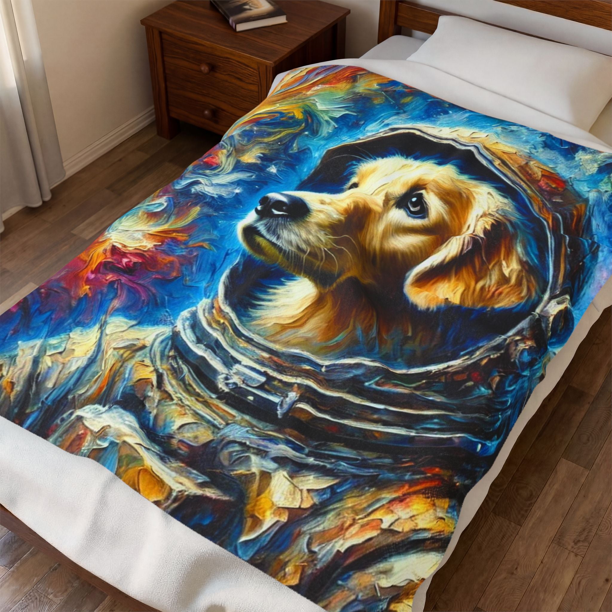A bed in a bedroom with a colorful printed blanket or comforter featuring a stylized golden retriever portrait in an astronaut helmet against a swirling blue and orange cosmic background. A wooden nightstand is visible beside the bed.