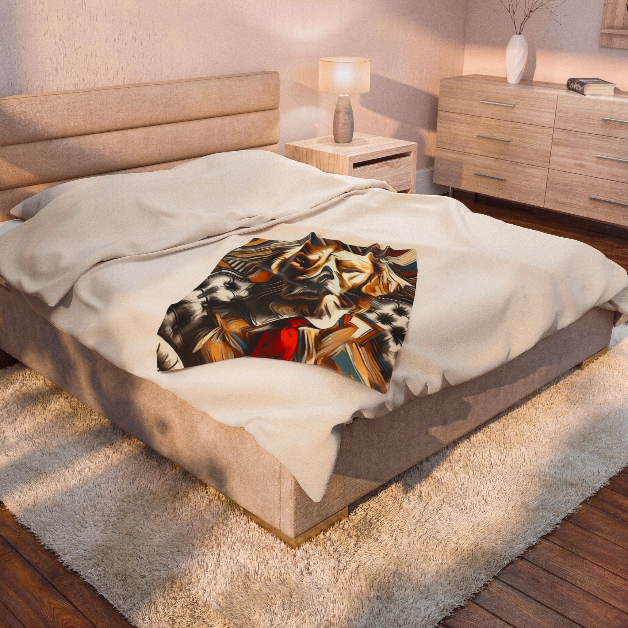 Small throw on bed featuring a Golden Retriever velveteen plush blanket featuring the "Perfect Gentleman" design with elegant gentleman-inspired artwork for Golden Retriever lovers.
