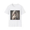 White Afghan Hound with flowing hair, featured on a stylish white dog t-shirt against a soft background.