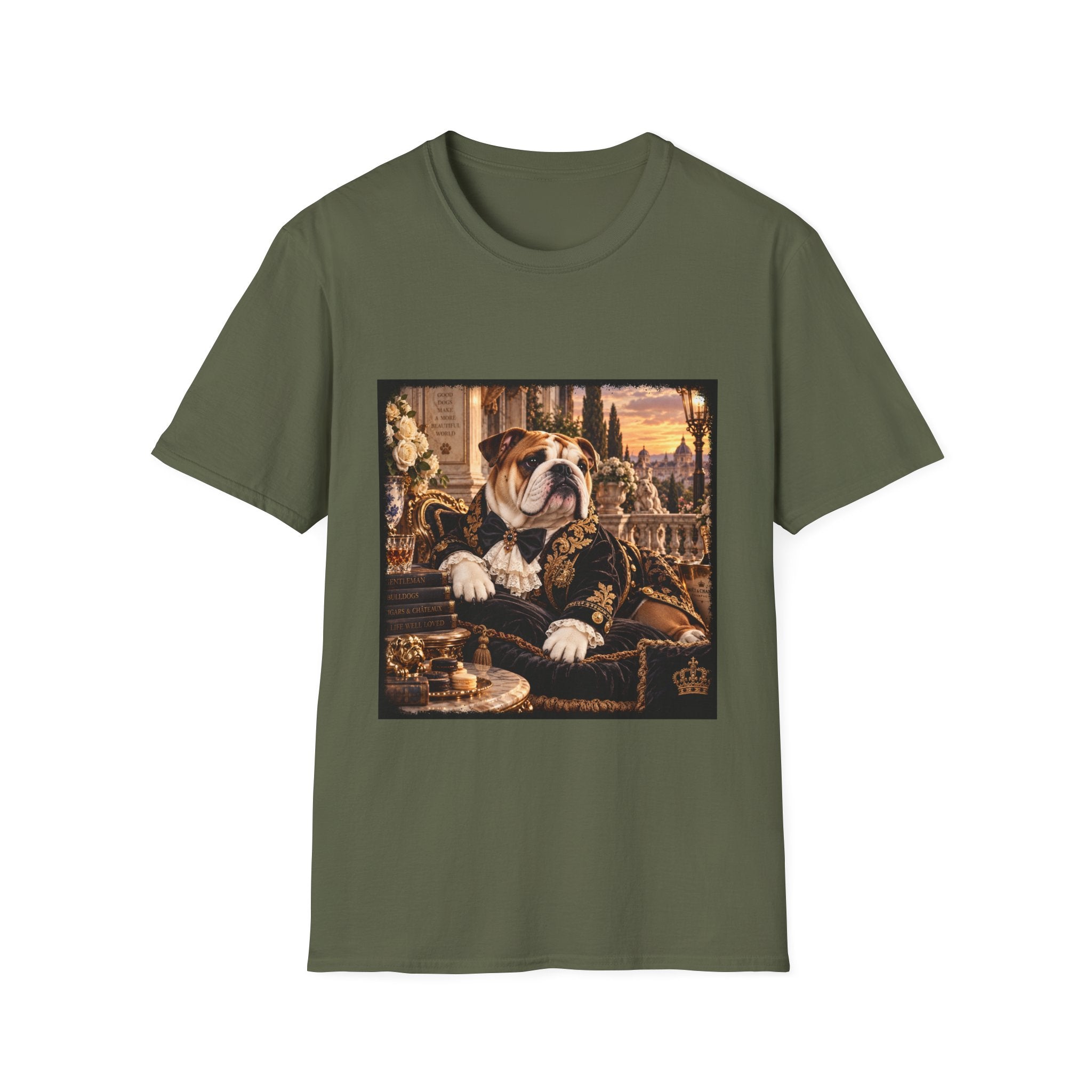 An olive green short-sleeve crewneck t-shirt featuring a square graphic print of an English Bulldog dressed in ornate historical royal clothing, set against a plain white background.