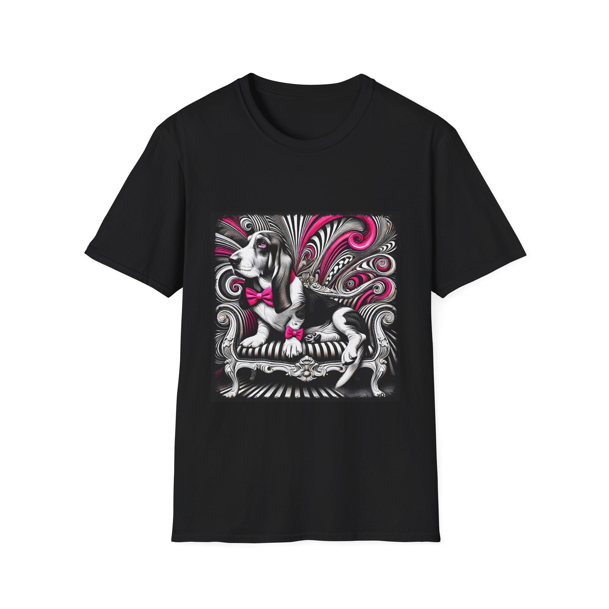 Basset Hound B&W Pink Bow Bold | Unisex Dog T-Shirt