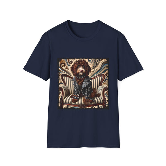 Labradoodle Chocolate Rocker design dog lover unisex t-shirt in navy