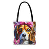 A tote bag with black handles, featuring a colorful, textured painting of a beagle dog wearing a pink bow on the front, set against a plain white background.