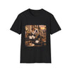 A black short-sleeve crewneck t-shirt featuring a large rectangular graphic print on the front. The graphic depicts a bulldog dressed in an ornate, luxurious dark brown and gold robe, seated on a throne with a sunset sky and classical architecture in the background.