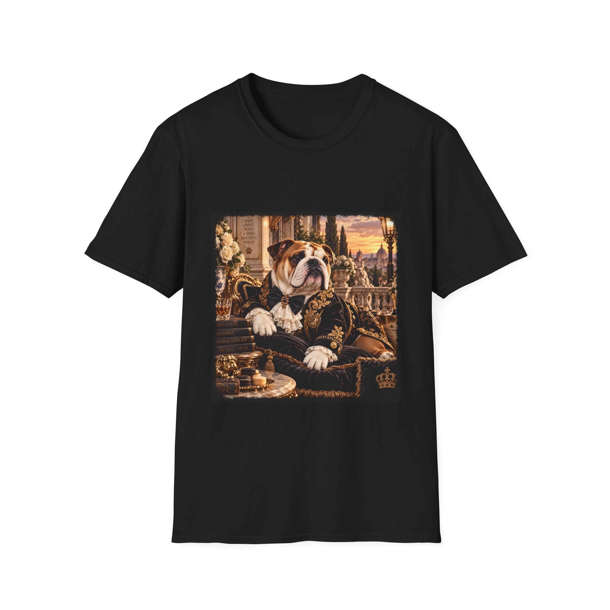 A black short-sleeve crewneck t-shirt featuring a large rectangular graphic print on the front. The graphic depicts a bulldog dressed in an ornate, luxurious dark brown and gold robe, seated on a throne with a sunset sky and classical architecture in the background.
