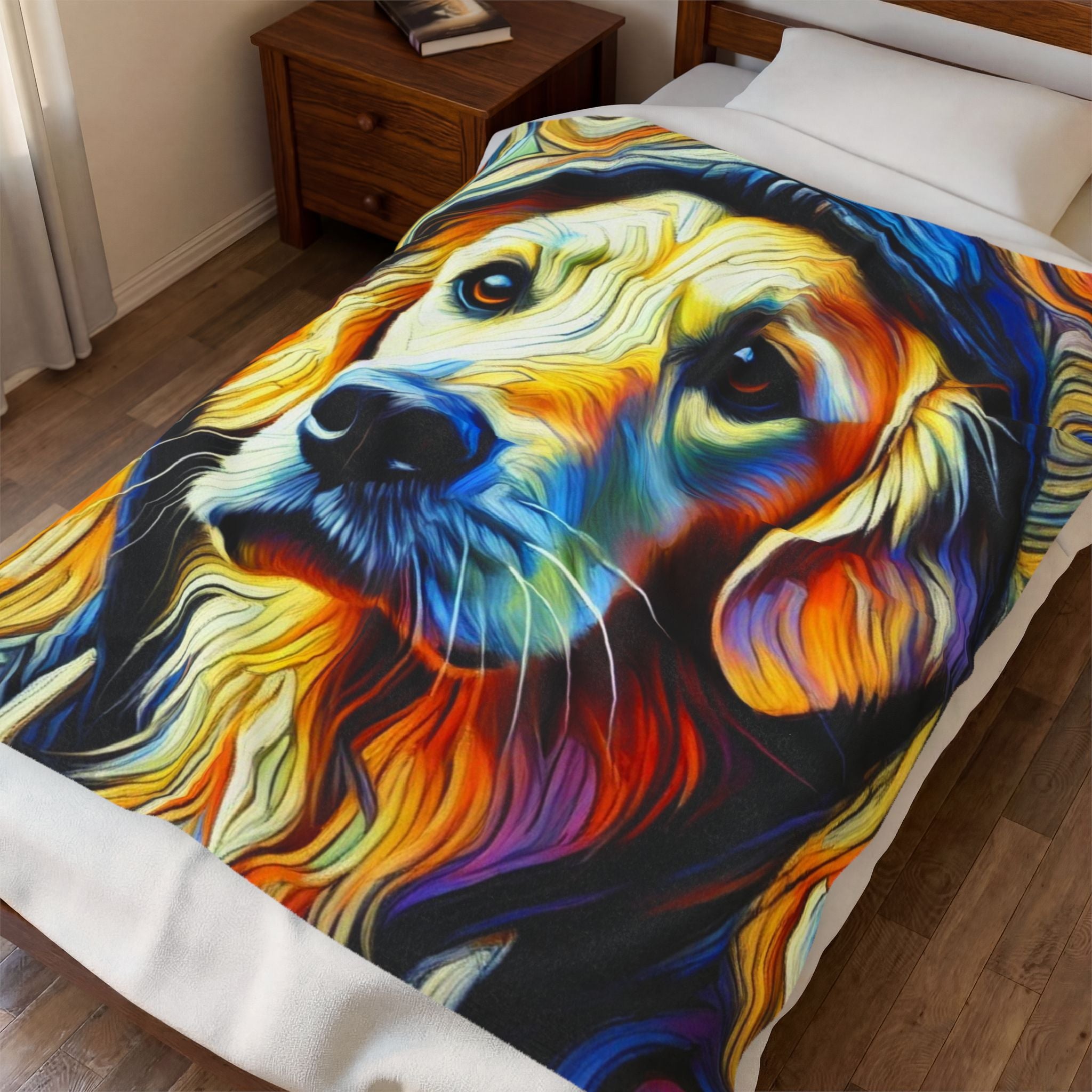 A colorful Golden Retriever  portrait print on a bedding item, shown on a bed in a bedroom setting with a wooden nightstand and wood floor.