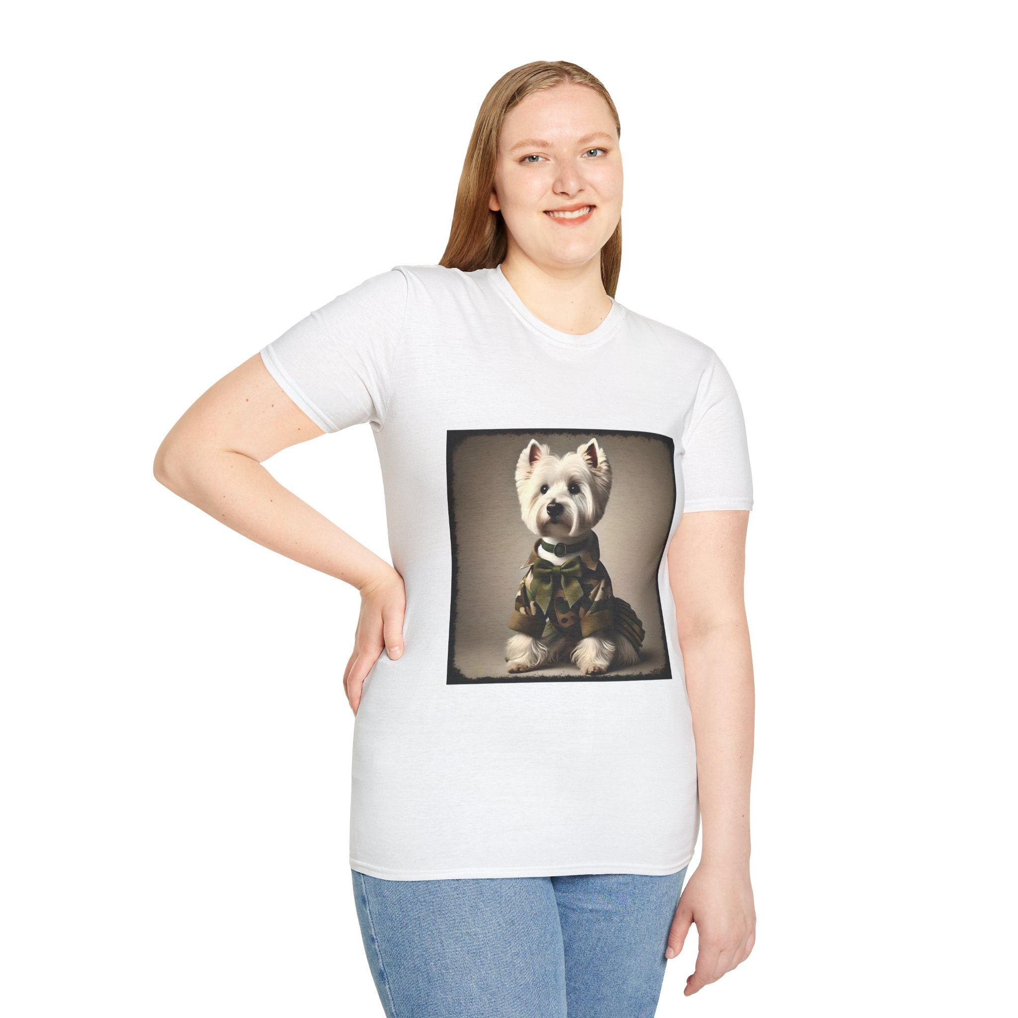 Female model in white dog t-shirt featuring Westie in camouflage jacket and pleated skirt against neutral backdrop.