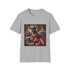 Sport gray dog t-shirt featuring boxer in ornate red gown and tiara seated on royal blue armchair.