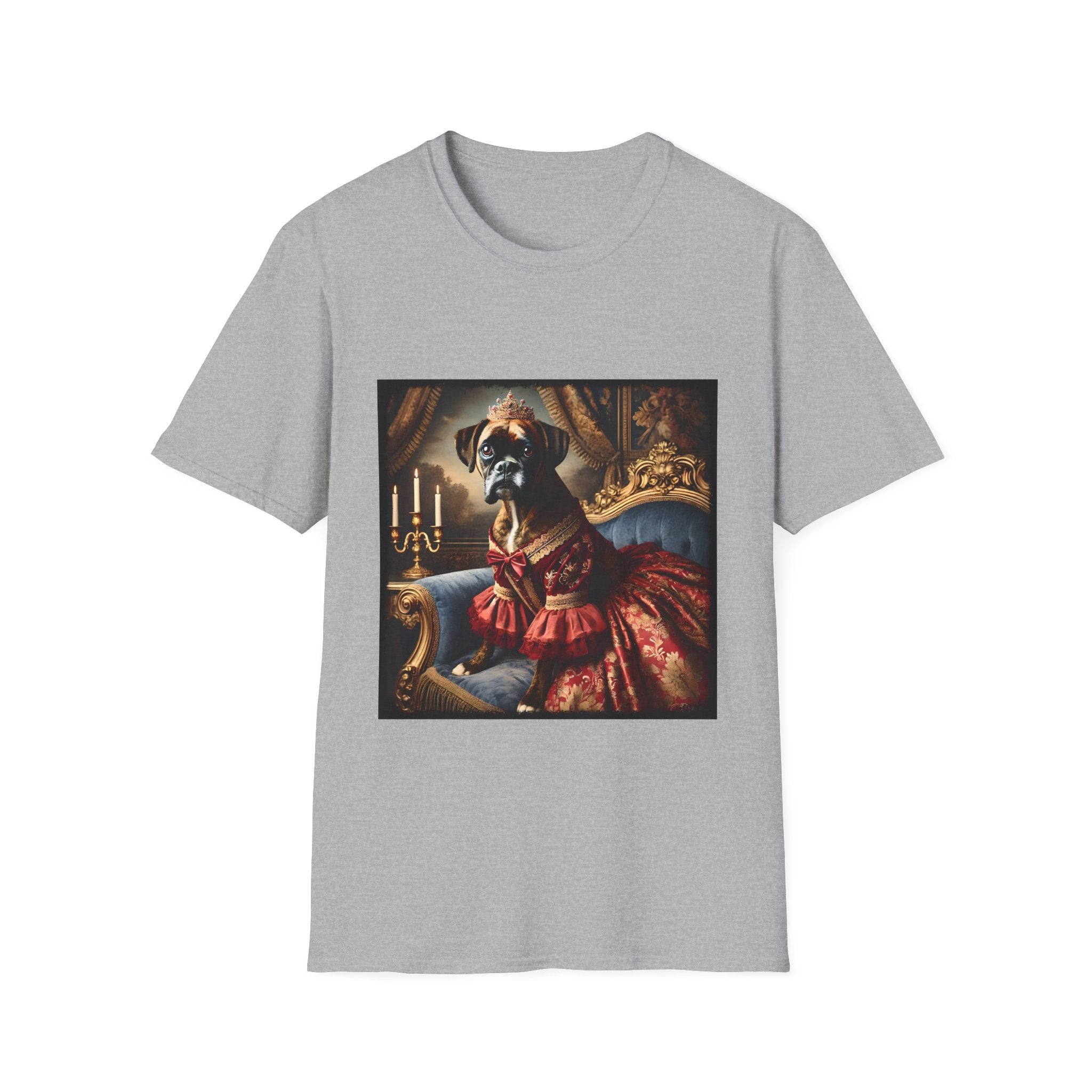 Sport gray dog t-shirt featuring boxer in ornate red gown and tiara seated on royal blue armchair.