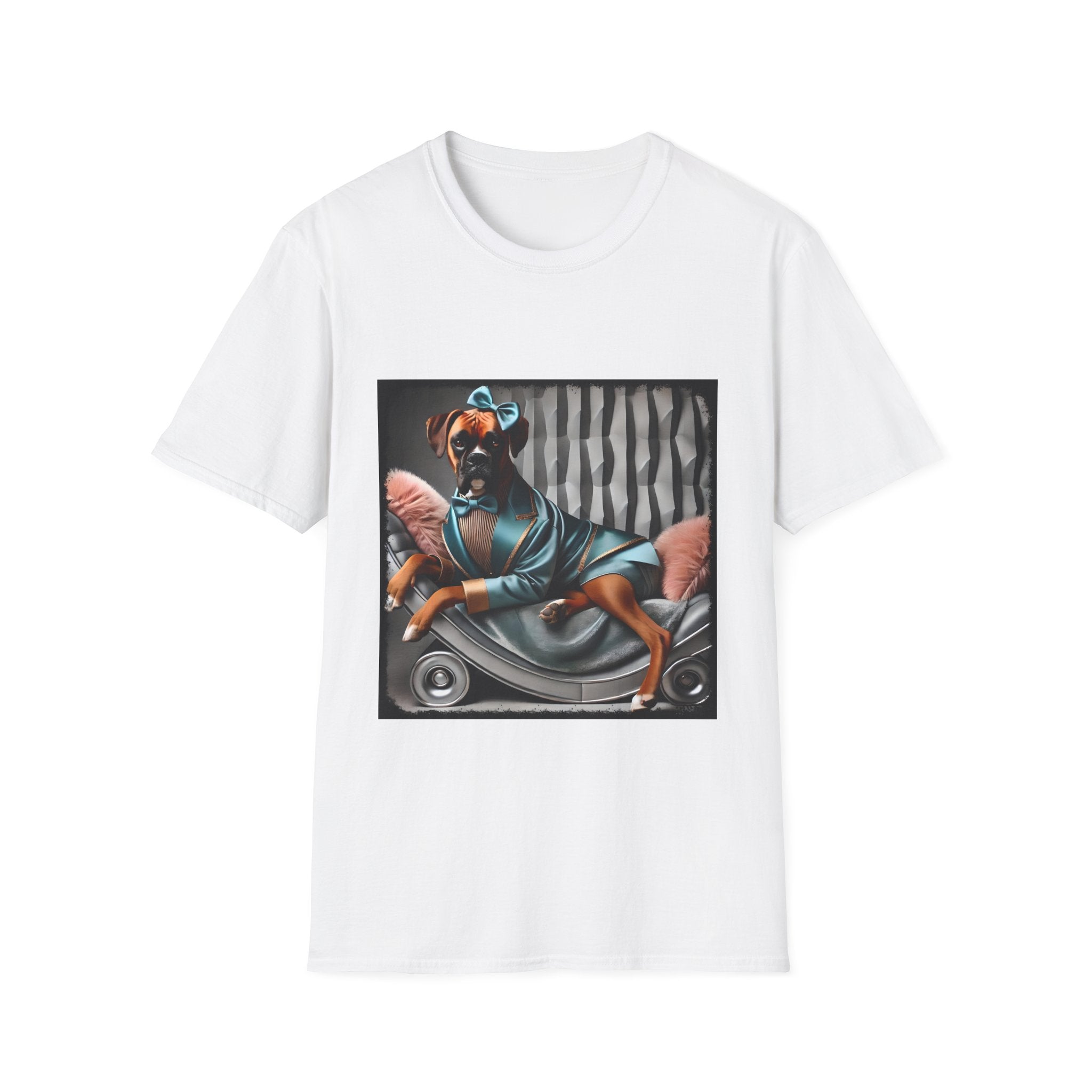 White dog t-shirt with a boxer in teal dress and bow on modern chair with striped wall and pink pillows.