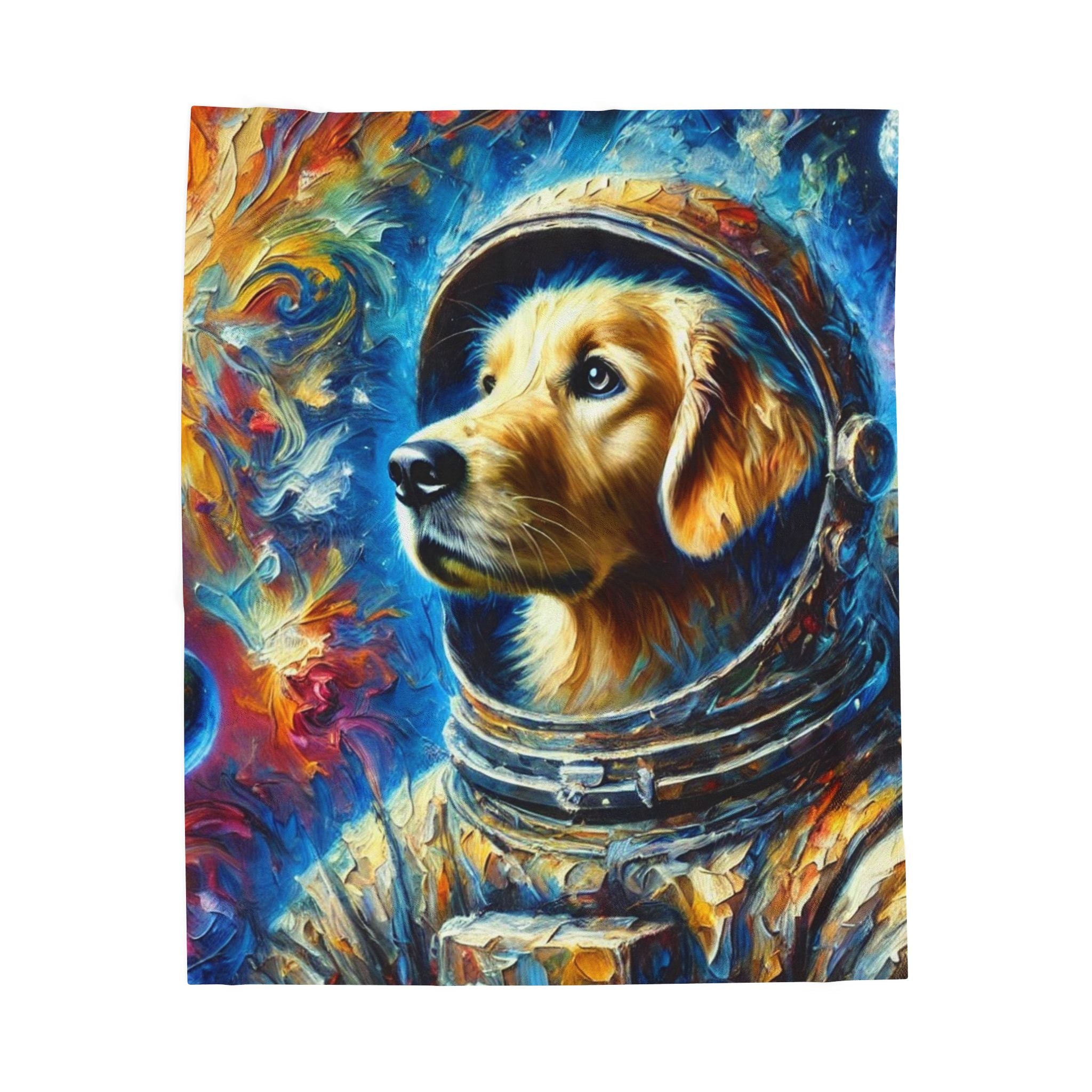 A square art print or poster featuring a stylized painting of a golden retriever dog in an astronaut space suit against a swirling cosmic background. The artwork is centered on a plain white background.