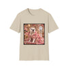 A beige short-sleeve crewneck t-shirt featuring a square graphic print of an English Bulldog dressed in a pink rose gown, set against a clean white background.