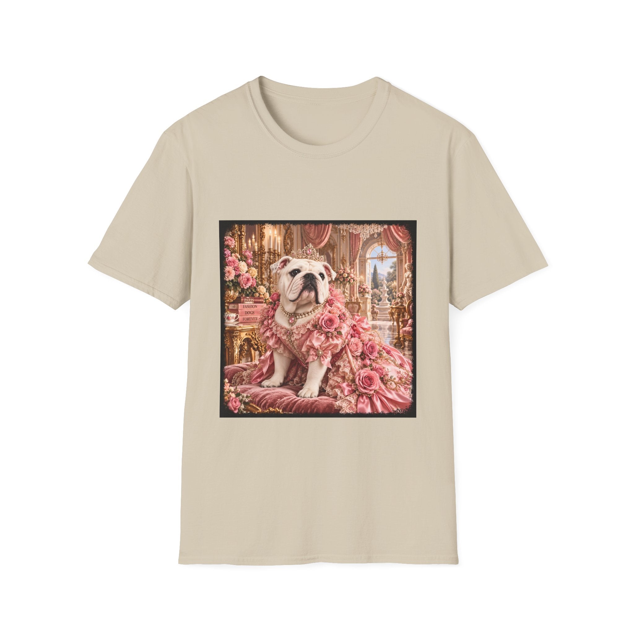 A beige short-sleeve crewneck t-shirt featuring a square graphic print of an English Bulldog dressed in a pink rose gown, set against a clean white background.