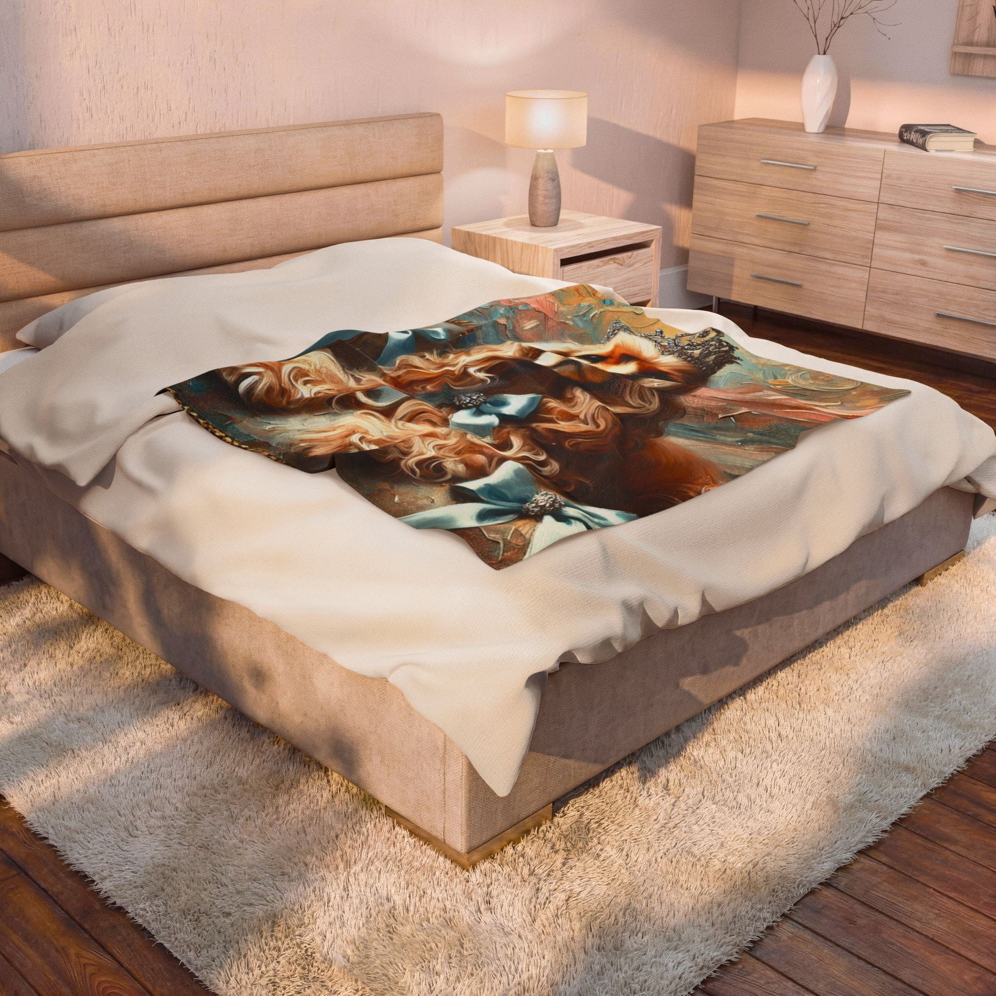 A beige upholstered bed in a styled bedroom, featuring the Cocker Spaniel velveteen plush blanket featuring the "Diamond Tiara Classic" design with elegant diamond tiara-inspired artwork for Cocker Spaniel lovers.
